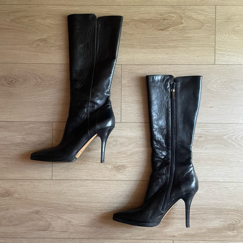 Jimmy Choo Pointed Black Leather Knee High Boots Size 10